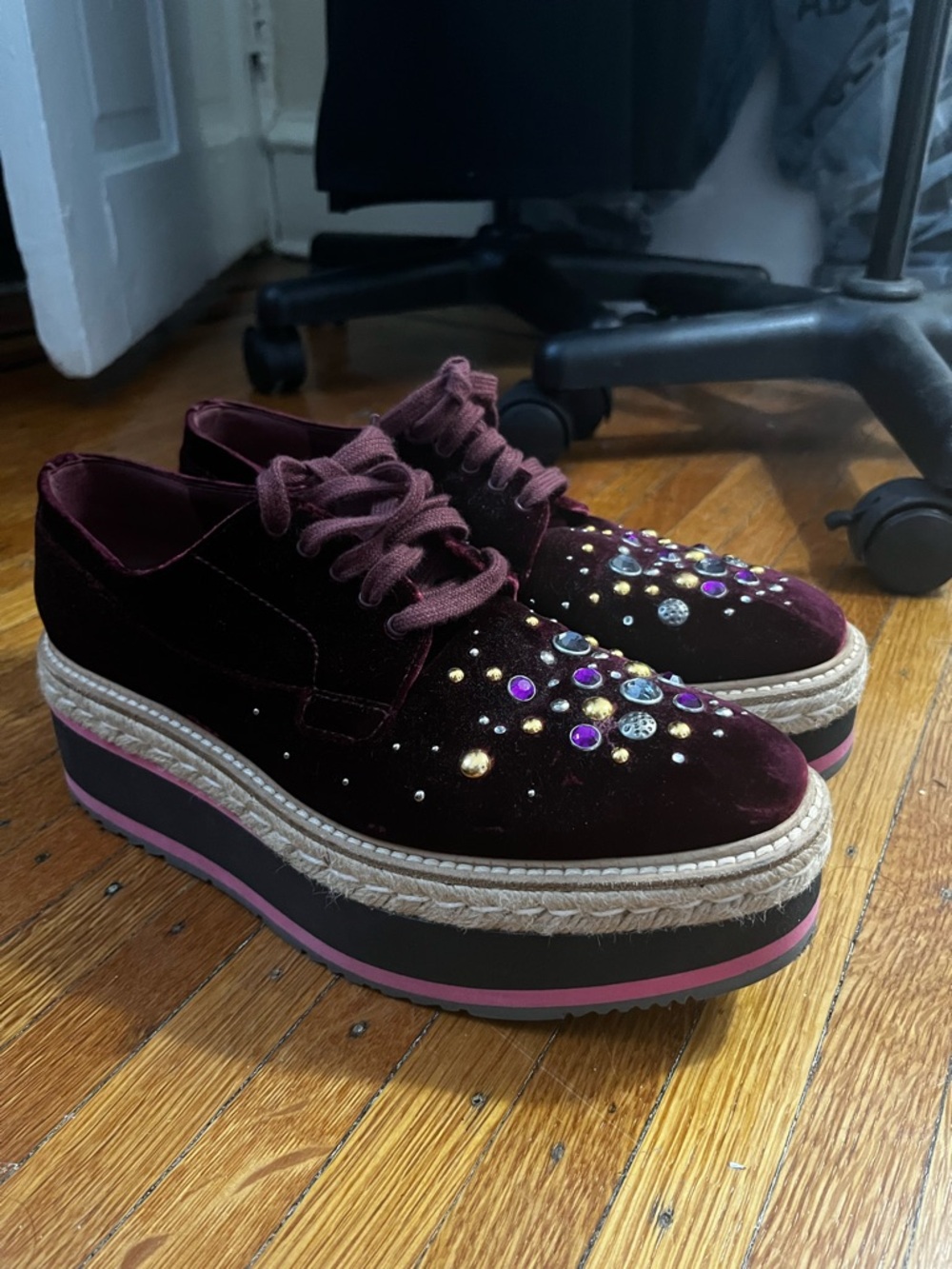 Prada Burgundy Velvet Jeweled Platform Espadrille Loafers, fits small